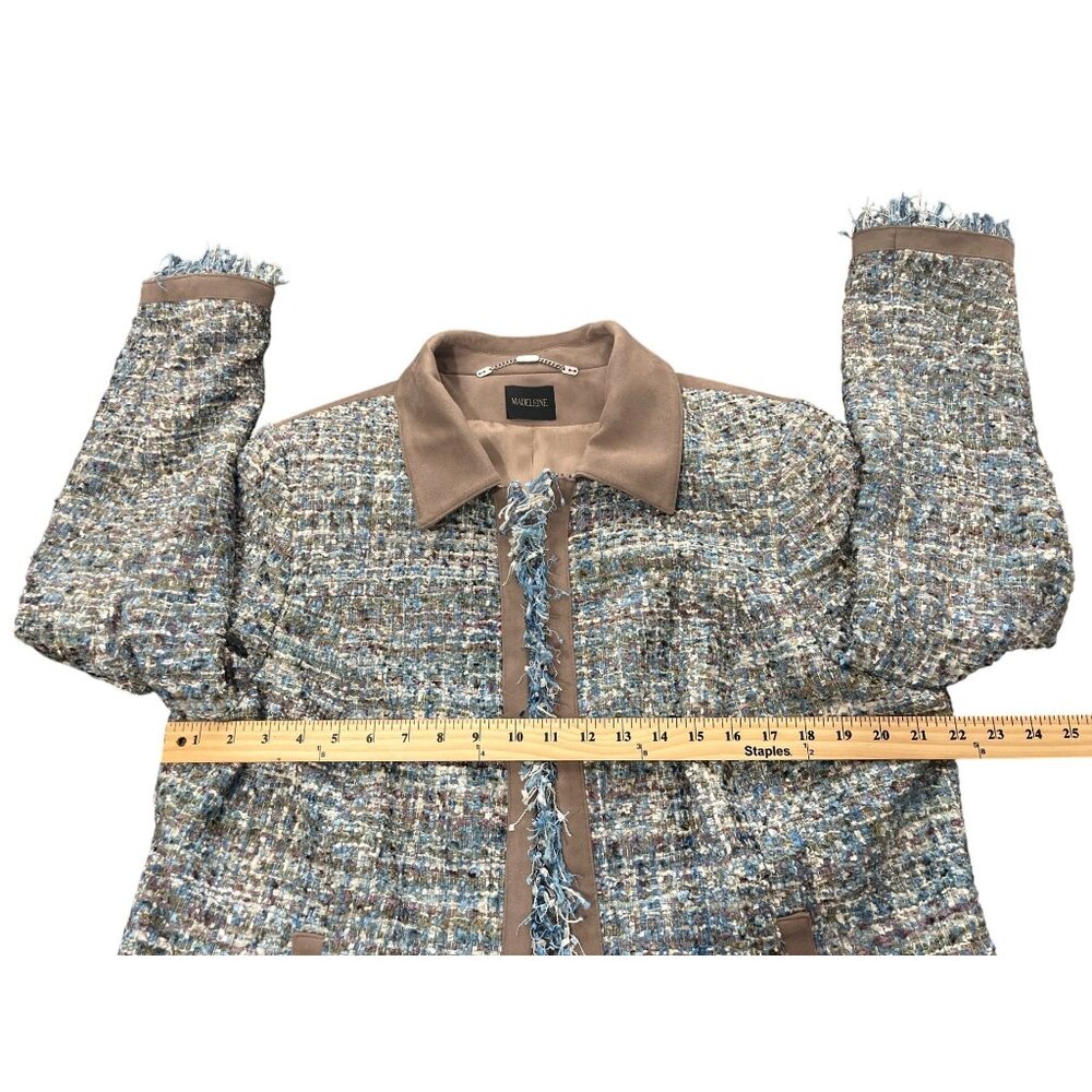 Madeleine Womens Size XL Blazer Blue Tweed & Taupe Faux Suede Jacket - Picture 5 of 7